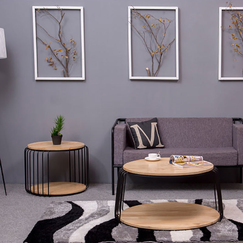 Nordic Solid Wood Round Coffee Cocktail Table with Floor Shelf
