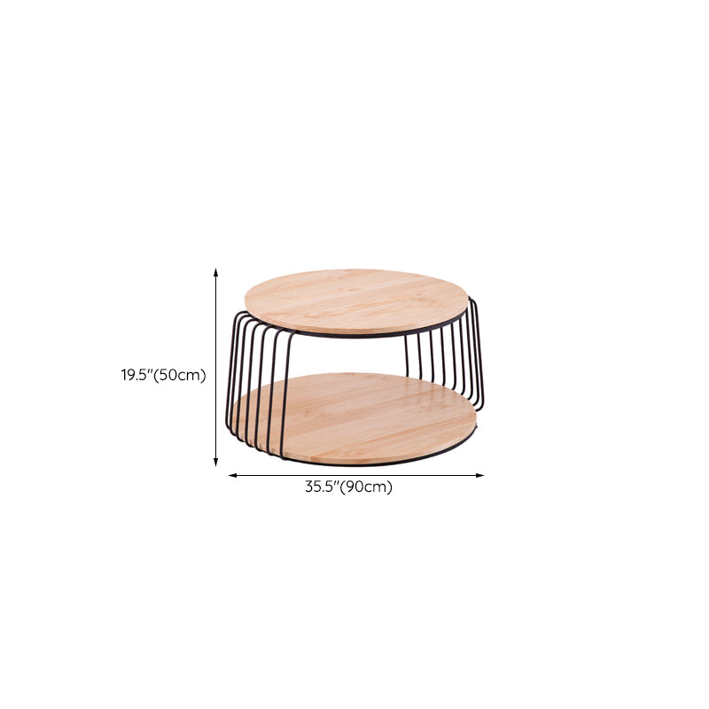 Nordic Solid Wood Round Coffee Cocktail Table with Floor Shelf