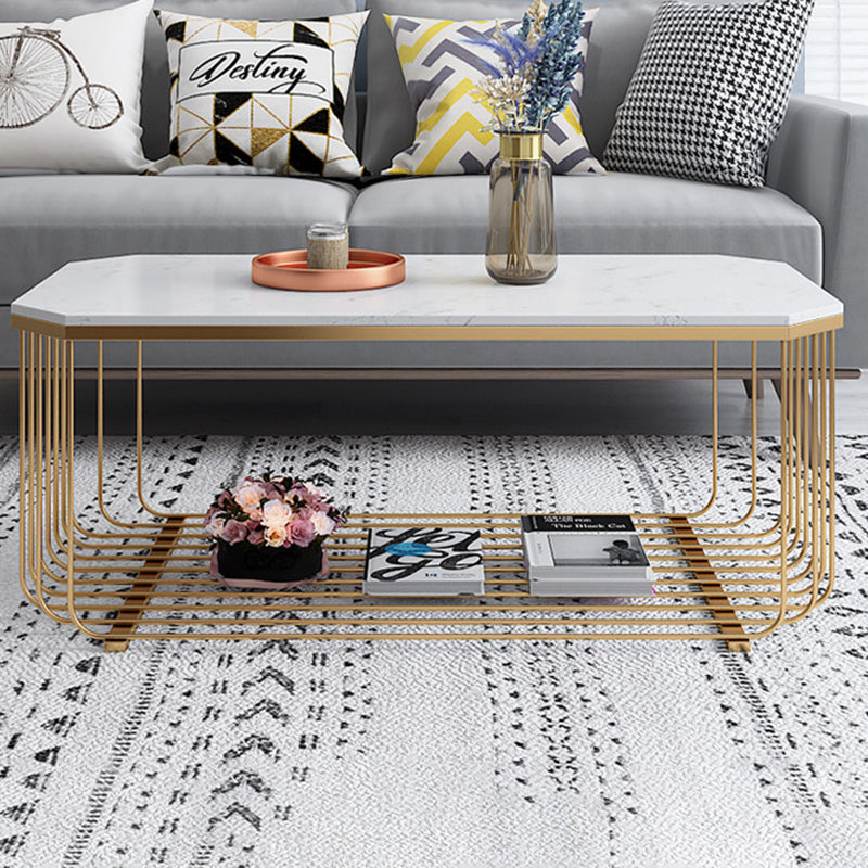 Contemporary Glass & Marble Coffee Table Octagon 1 Single Cocktail Table with Shelf