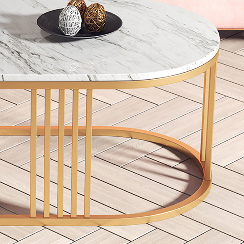 Glam Oval Coffee Table with Marble Top and Iron Frame Base 1 Piece