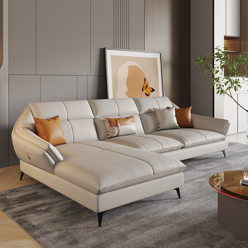 Scandinavian Sectional Sofa Pillowed Back Cushions White Leather Sectional