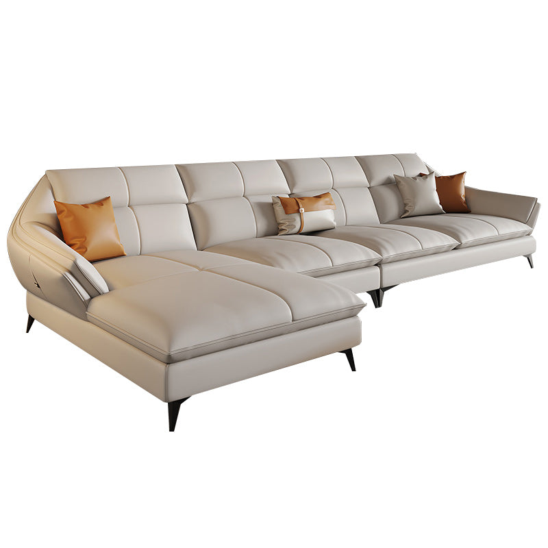 Scandinavian Sectional Sofa Pillowed Back Cushions White Leather Sectional