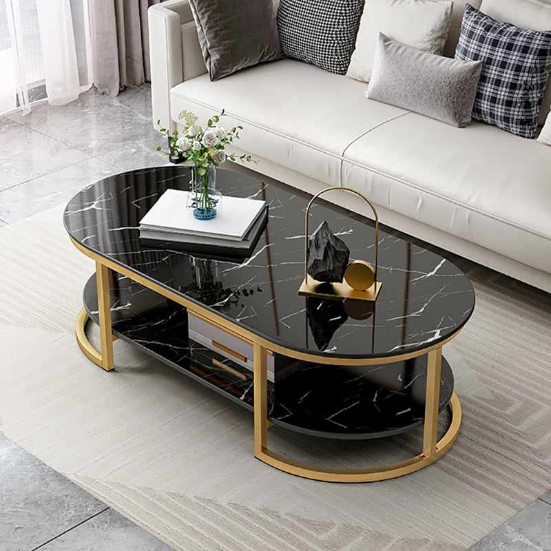 Contemporary Oval Glass Top Cocktail Table with Golden Base and Shelf