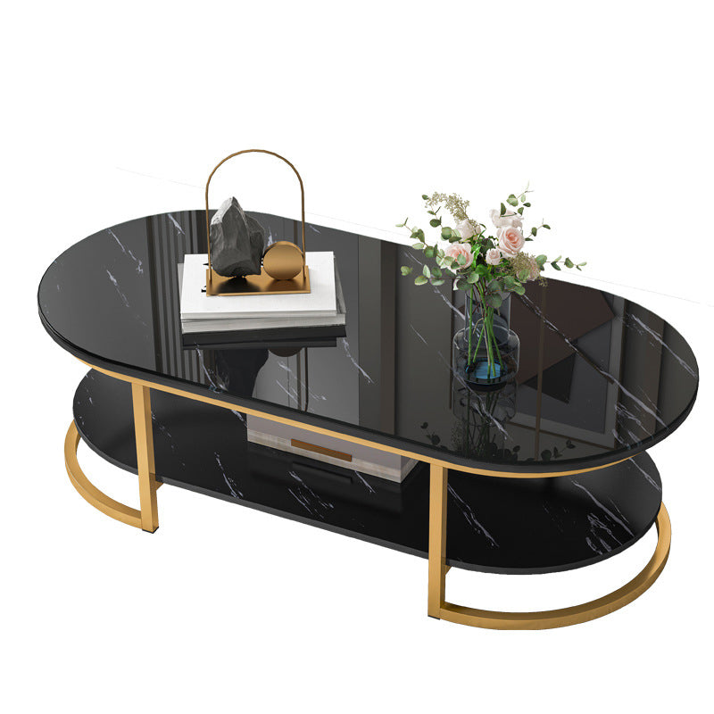 Contemporary Oval Glass Top Cocktail Table with Golden Base and Shelf