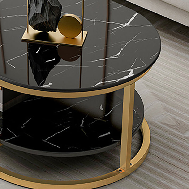Contemporary Oval Glass Top Cocktail Table with Golden Base and Shelf