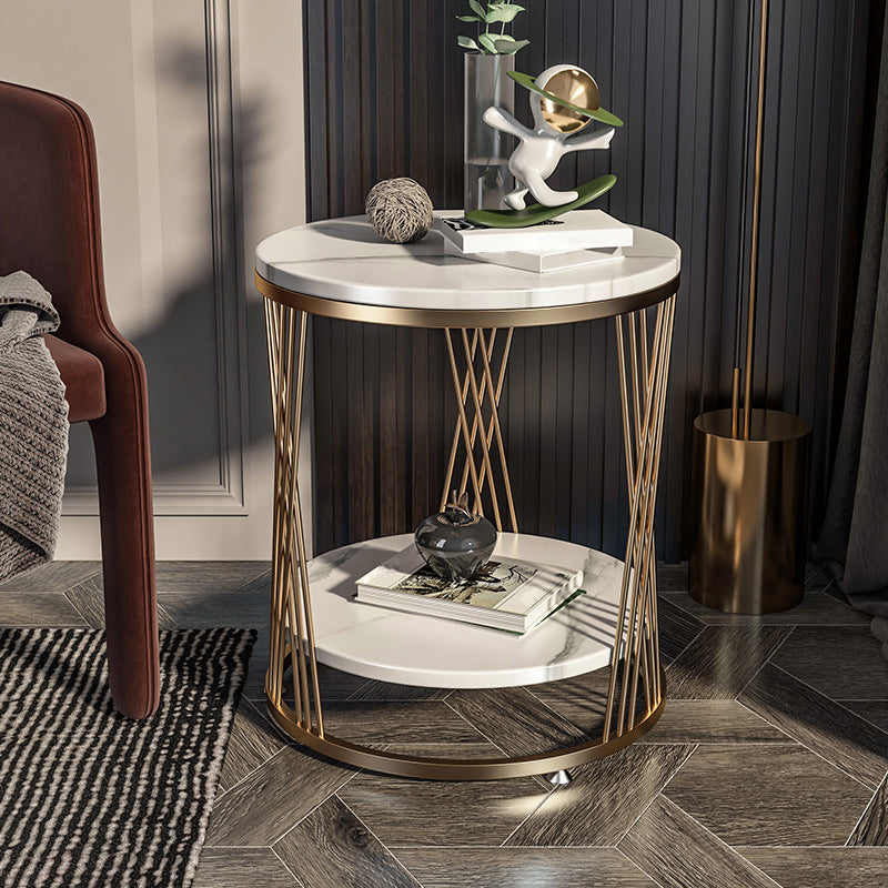Modernistic Marble Frame with Shelf Round Double Tier Living Room End Table