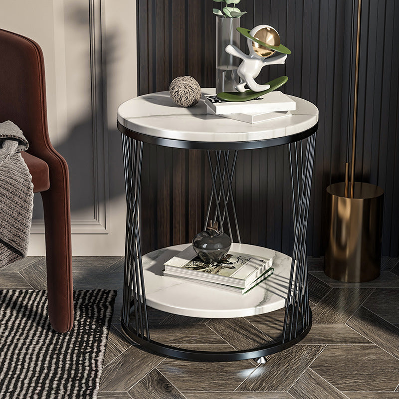 Modernistic Marble Frame with Shelf Round Double Tier Living Room End Table