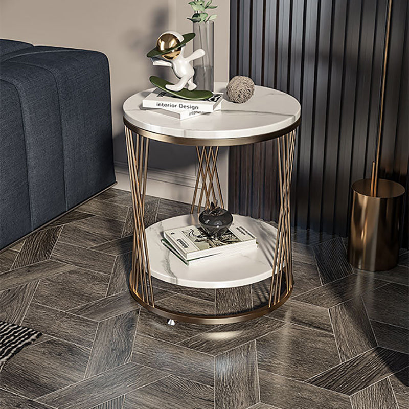 Modernistic Marble Frame with Shelf Round Double Tier Living Room End Table