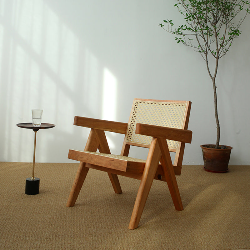 Woven Back Lounge Chair Basic Four Leg Solid Wood Chair with Cushion