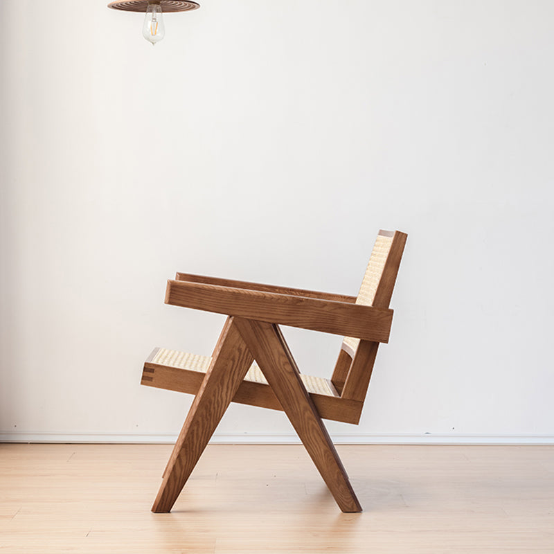 Woven Back Lounge Chair Basic Four Leg Solid Wood Chair with Cushion