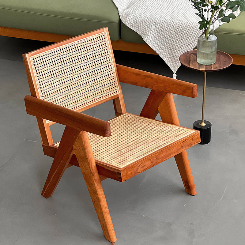 Woven Back Lounge Chair Basic Four Leg Solid Wood Chair with Cushion