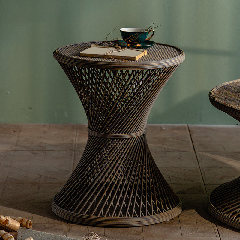 French Country Style Side Table with Round Aged Frame Base for Living Room
