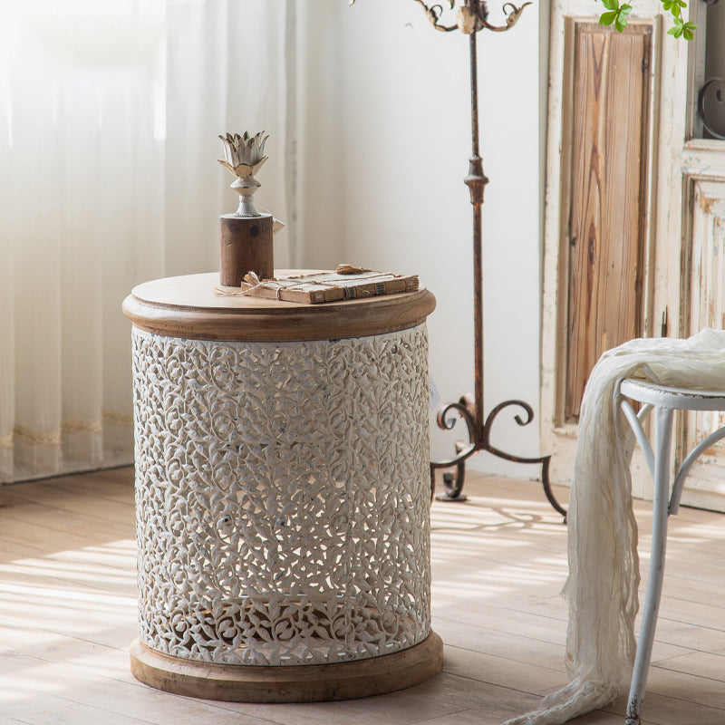 Solid Wood Round Top Side End Table Metal Drum End Table for Living Room