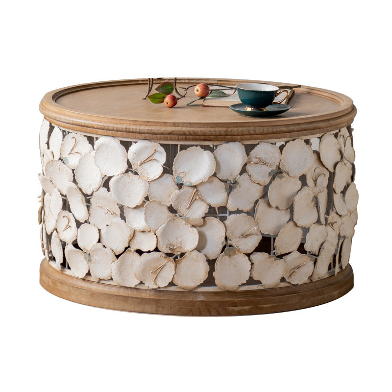 Rustic Solid Wood Round Top Distressed Drum End Table with Metal Base
