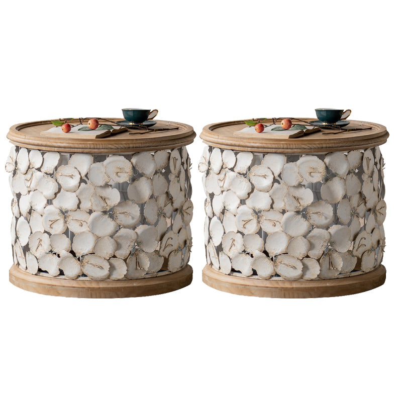 Rustic Solid Wood Round Top Distressed Drum End Table with Metal Base
