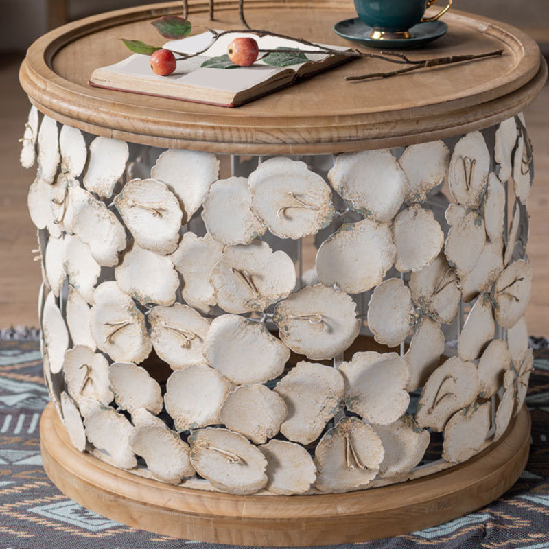 Rustic Solid Wood Round Top Distressed Drum End Table with Metal Base