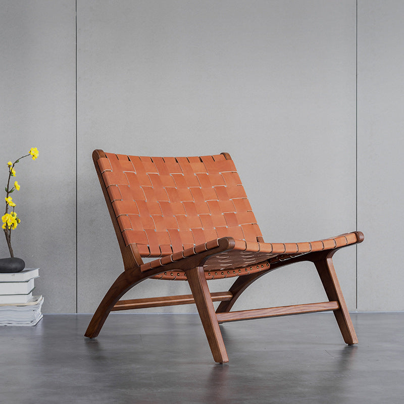 Woven Back Lounge Chair Basic Four Leg Solid Wood Chair for Living Room