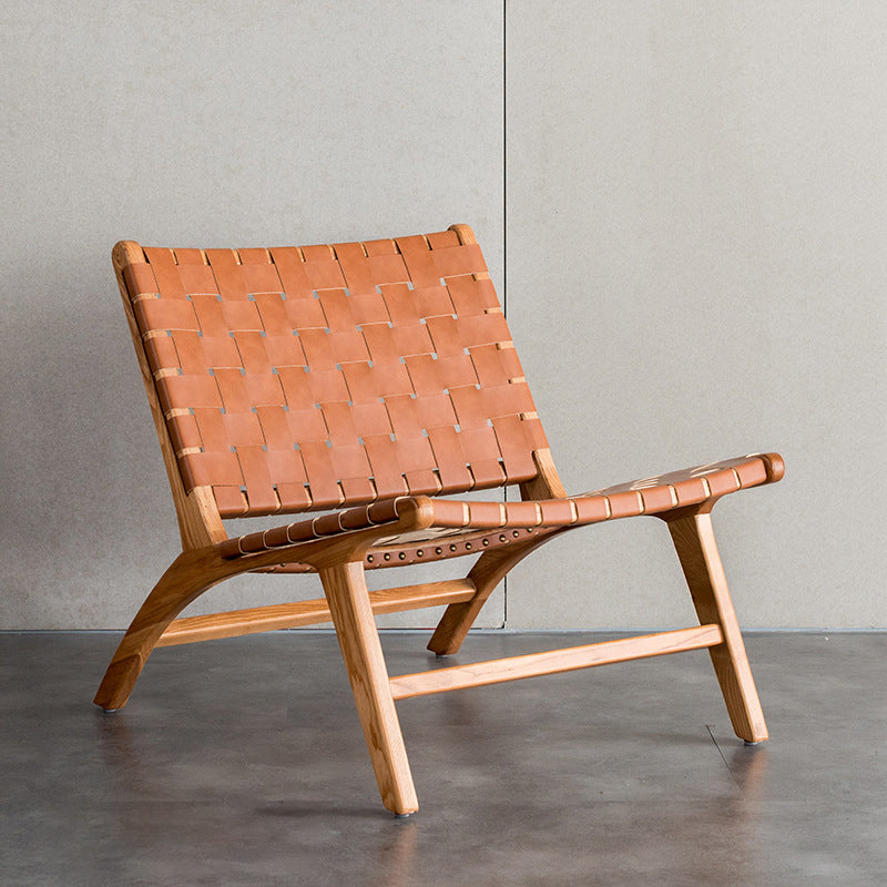 Woven Back Lounge Chair Basic Four Leg Solid Wood Chair for Living Room