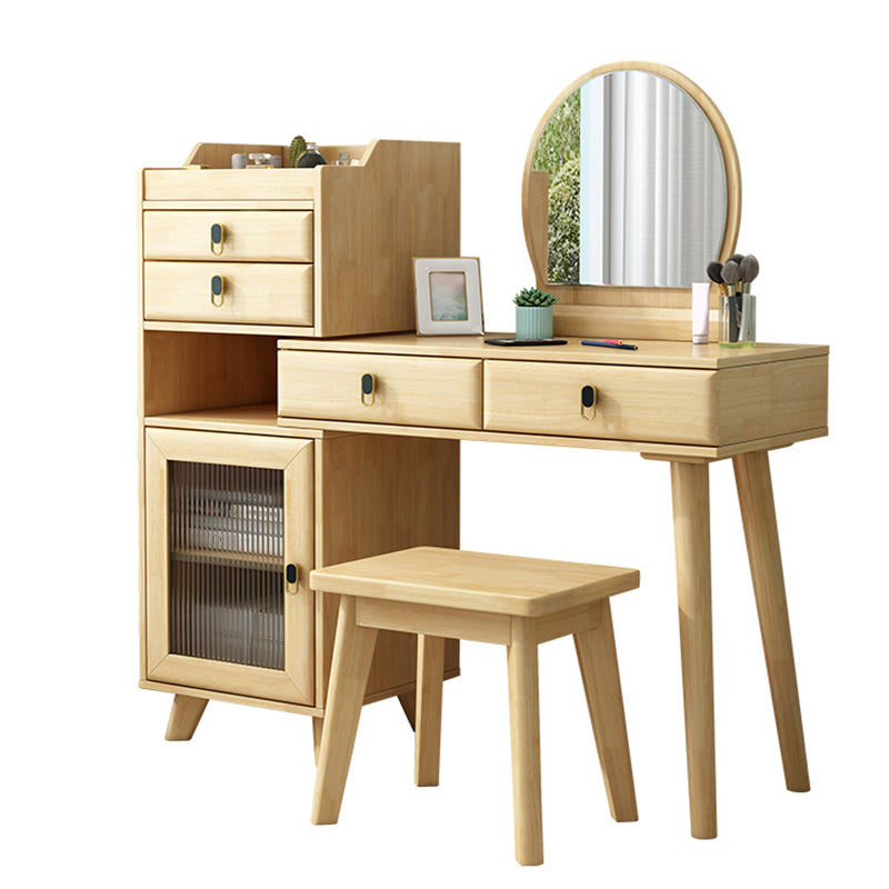 Rubberwood Vanity Set with Stool and Mirror Scandinavian 4 Drawers Dresser