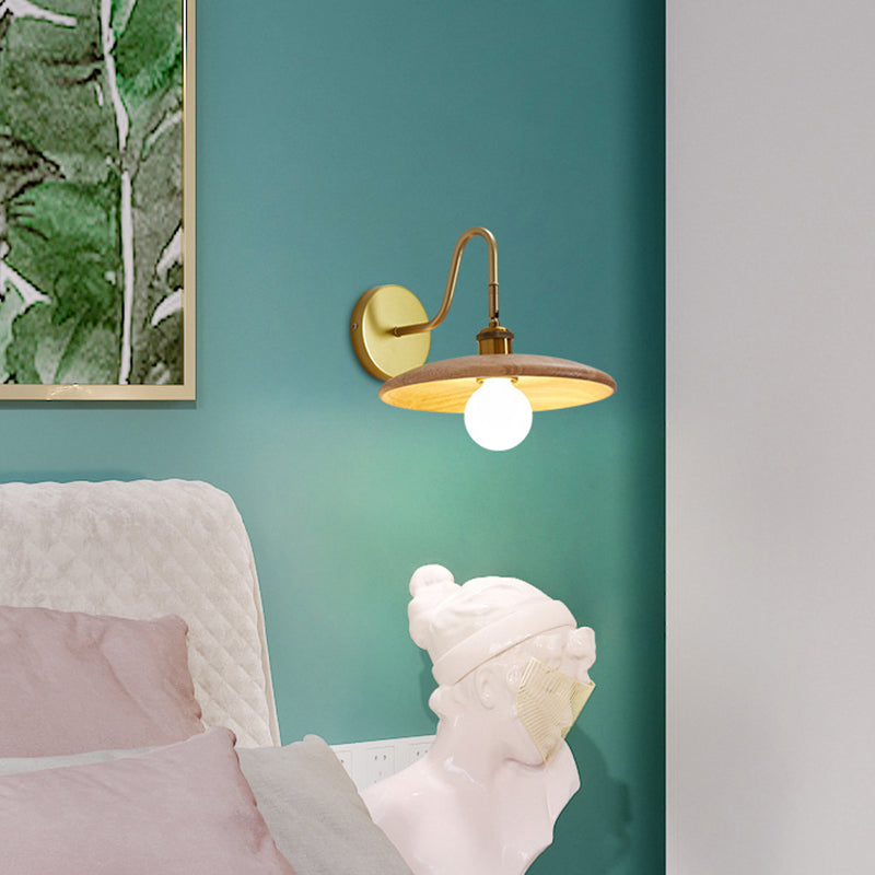 Single Modern Golden Wall Mounted Sconce Wooden Shaded Down Wall Light