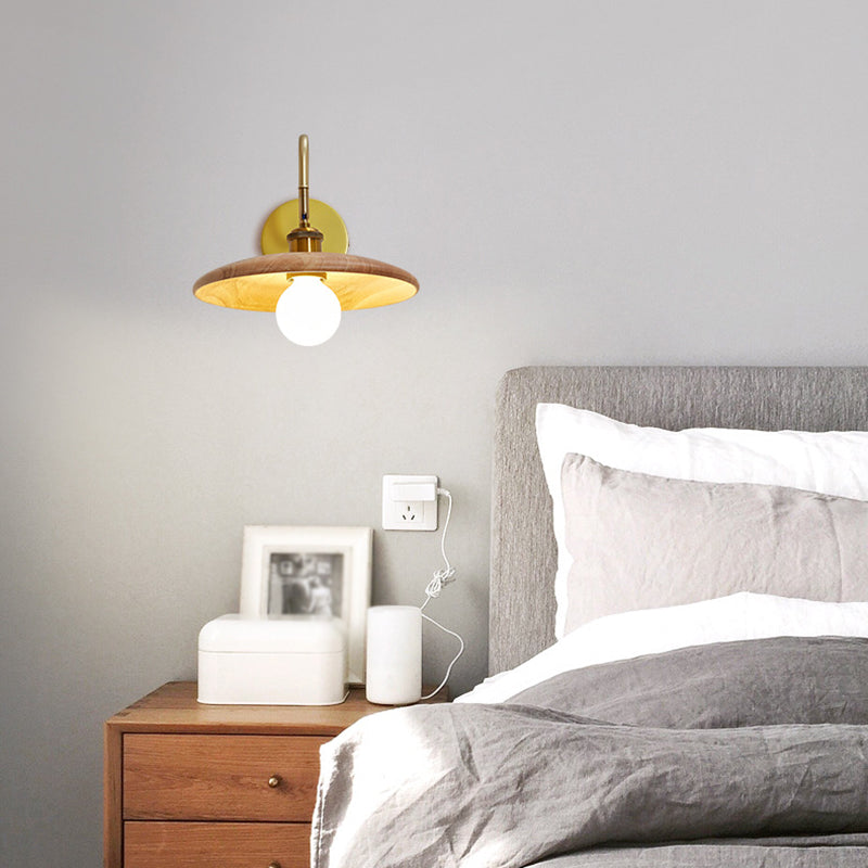 Single Modern Golden Wall Mounted Sconce Wooden Shaded Down Wall Light