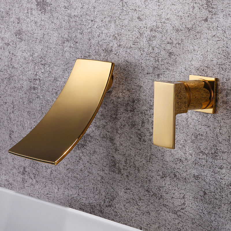 Glam Wall Mounted Bathroom Faucet Lever Handles Low Arc Solid Brass Faucet