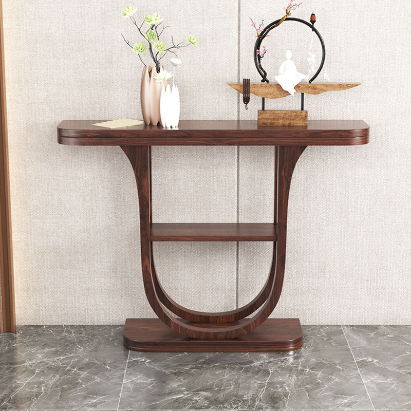 Solid Wood Half Moon Accent Table 2-shelf 33.46" Tall Console Table