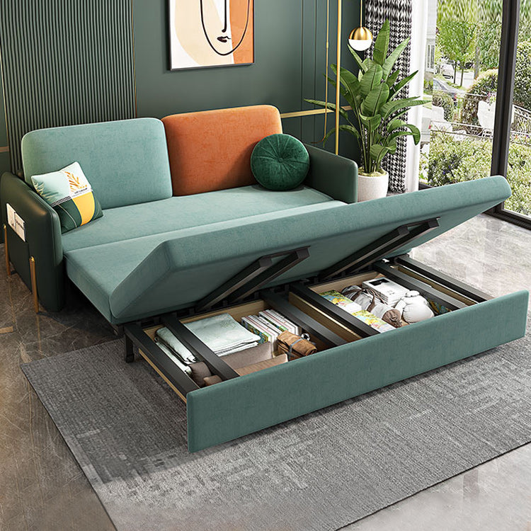 Square Arms Futon Foldable Pillow Included Green Sleeper Sofa with Storage