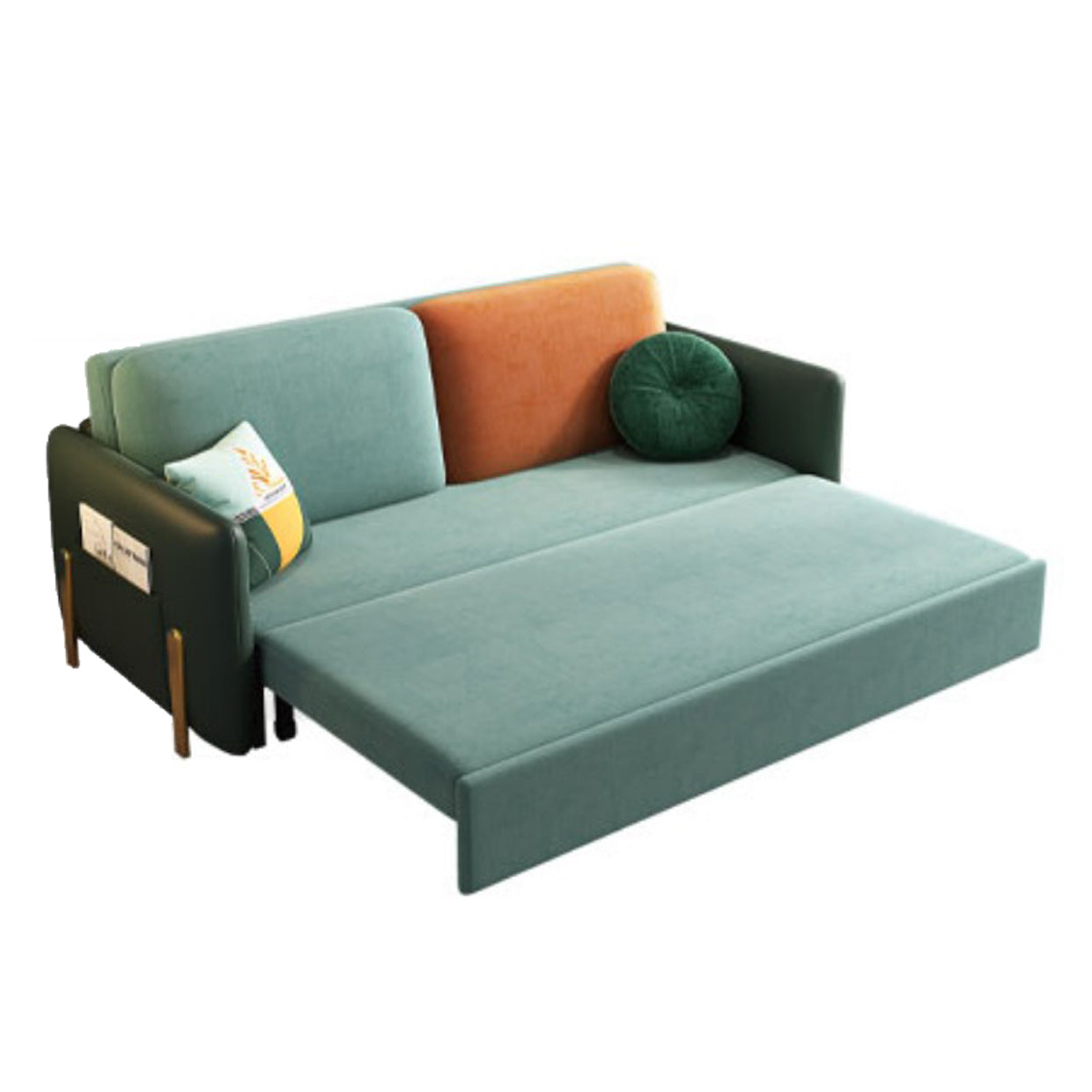 Square Arms Futon Foldable Pillow Included Green Sleeper Sofa with Storage