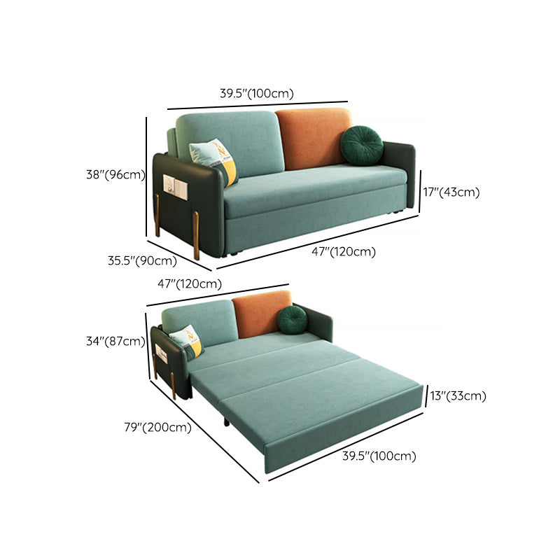 Square Arms Futon Foldable Pillow Included Green Sleeper Sofa with Storage