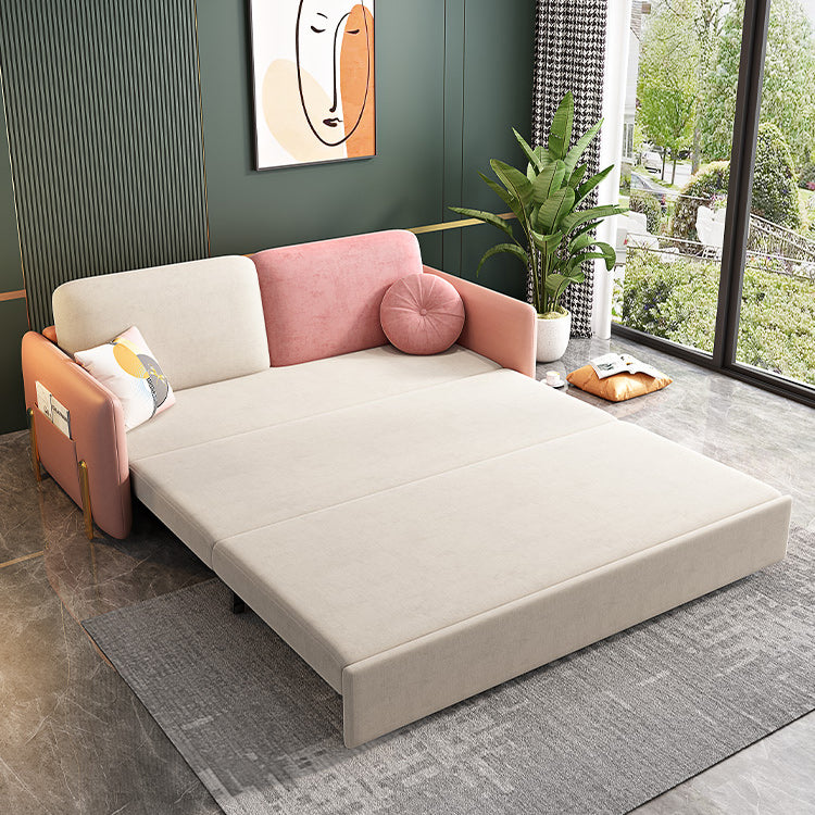Square Arms Futon Foldable Pillow Included Pink Sleeper Sofa with Storage