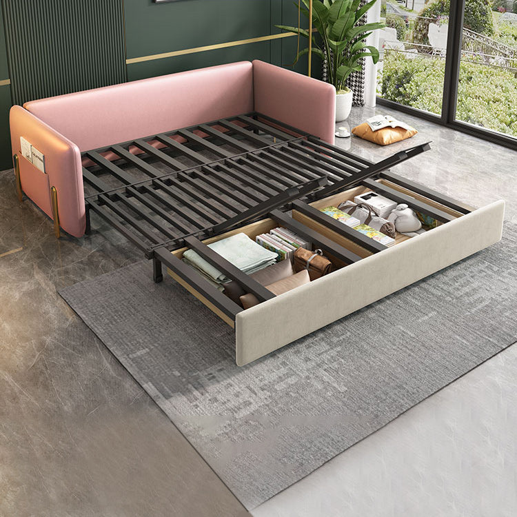 Square Arms Futon Foldable Pillow Included Pink Sleeper Sofa with Storage