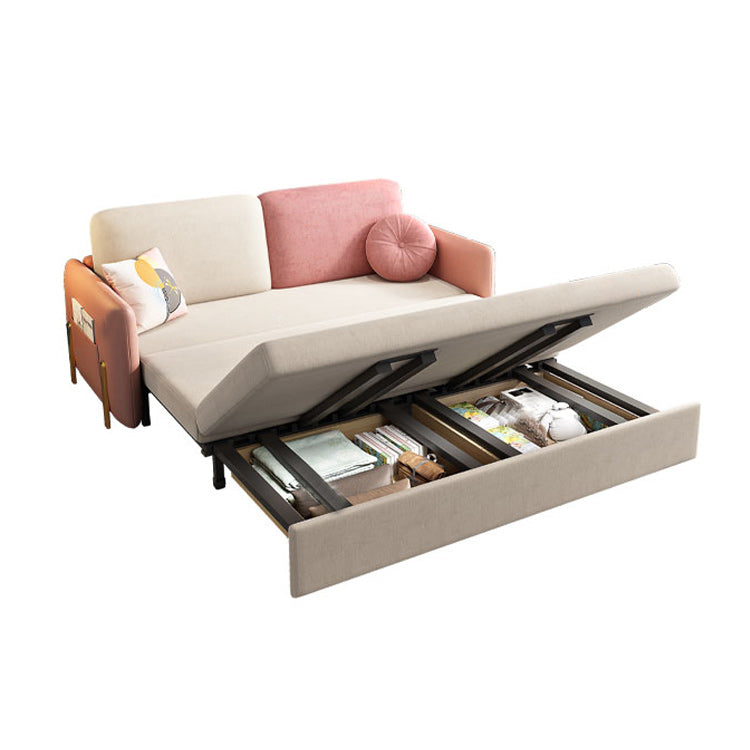 Square Arms Futon Foldable Pillow Included Pink Sleeper Sofa with Storage