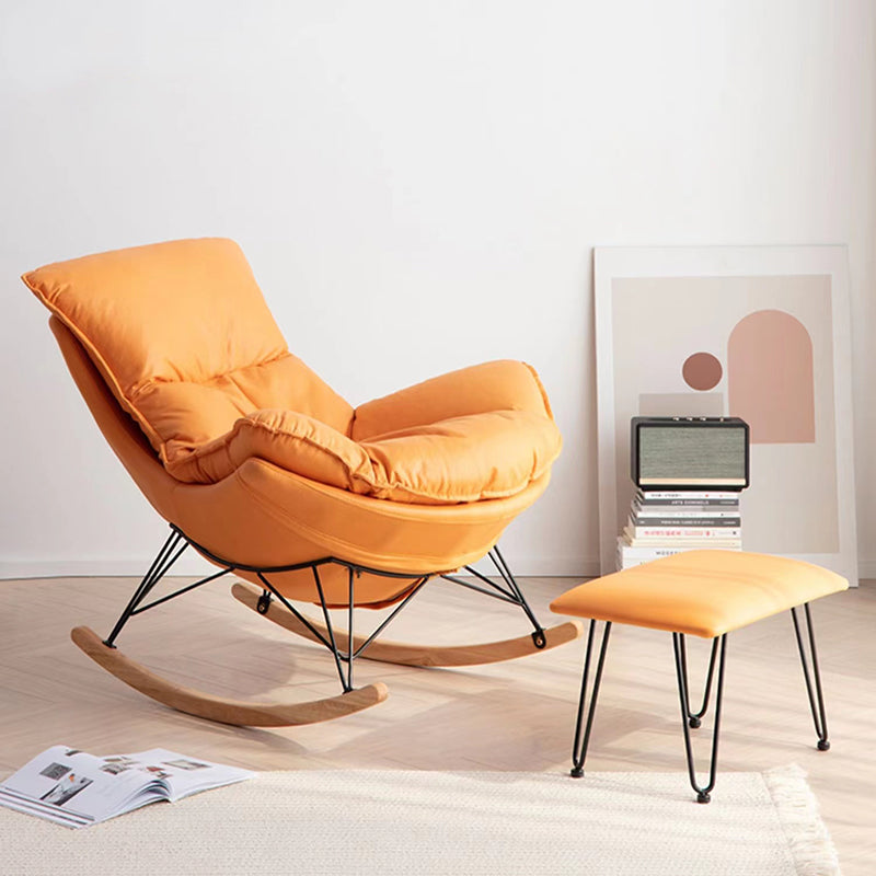Modern Plain Rocking Accent Chair Faux Leather Dark Legs Rocker Chair with Ottoman