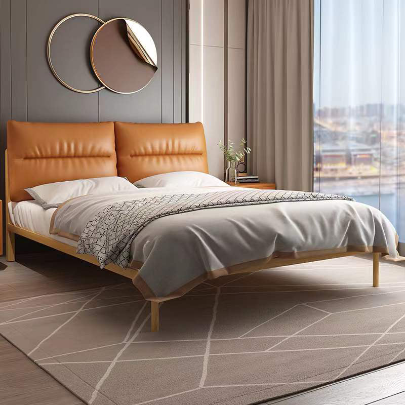 Genuine Leather Upholstered Panel Bed Natural 39.3" High Bed Frame