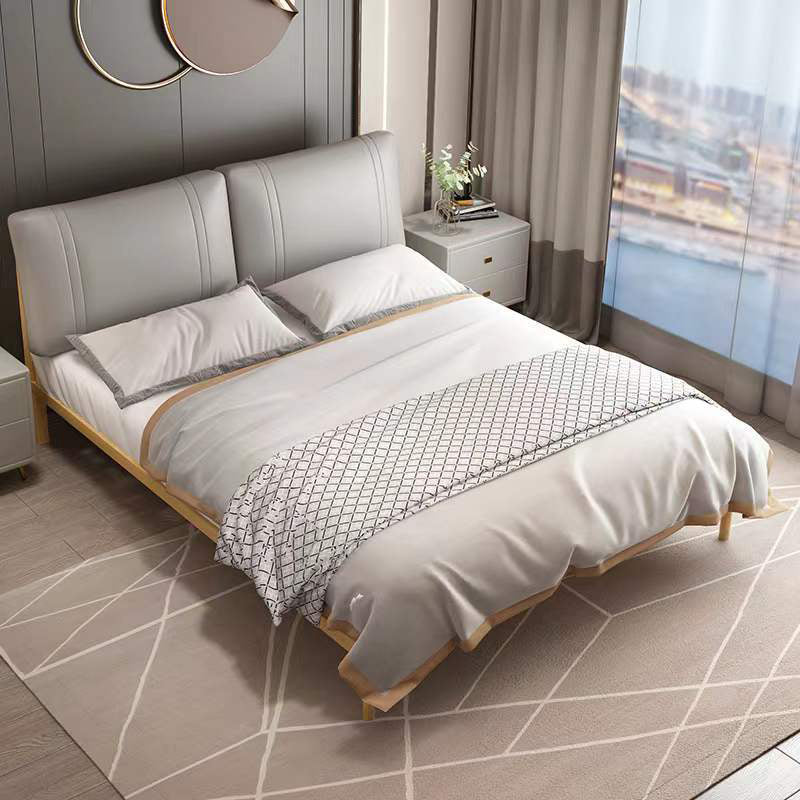 Genuine Leather Upholstered Panel Bed Natural 39.3" High Bed Frame