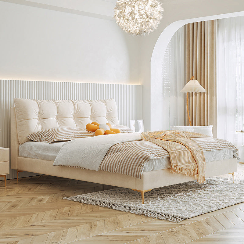 Upholstered Tuft Queen/King Bed in Cream Faux Leather Bed Frame with Mattress