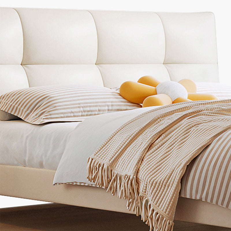 Glam White Upholstered Tufted Bed Frame Genuine Leather Panel Bed