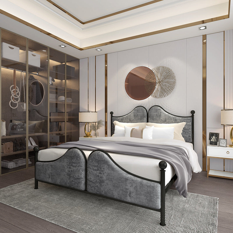 Glam Standard Bed with Upholstered Headboard in Iron Frame Bed