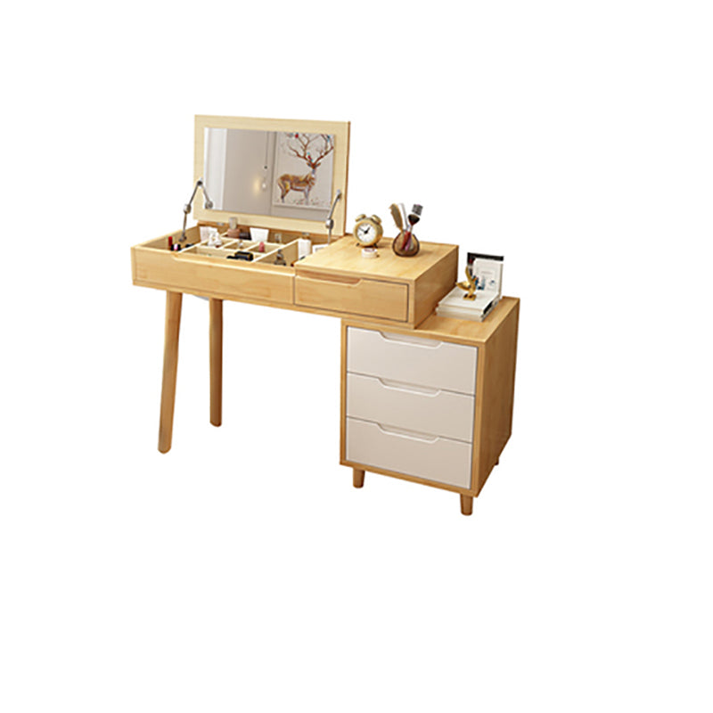 Scandinavian Wood Vanity Set Flip-Top Makeup Dressing Table with 4 Drawers