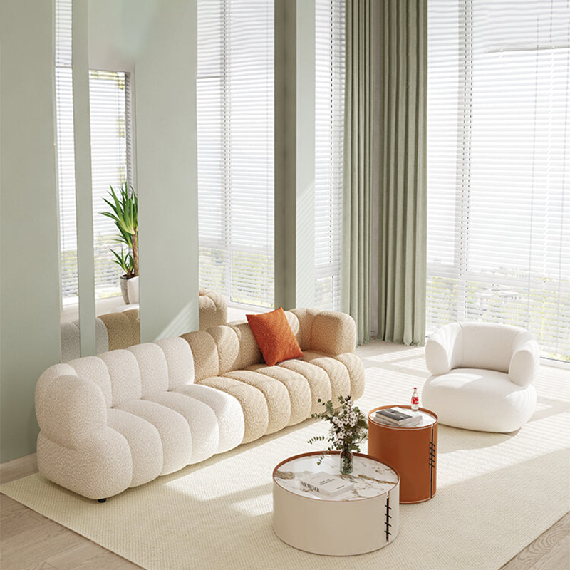Sewn Pillow Back Standard Sofa Tuxedo Arm Seating in White and Khaki