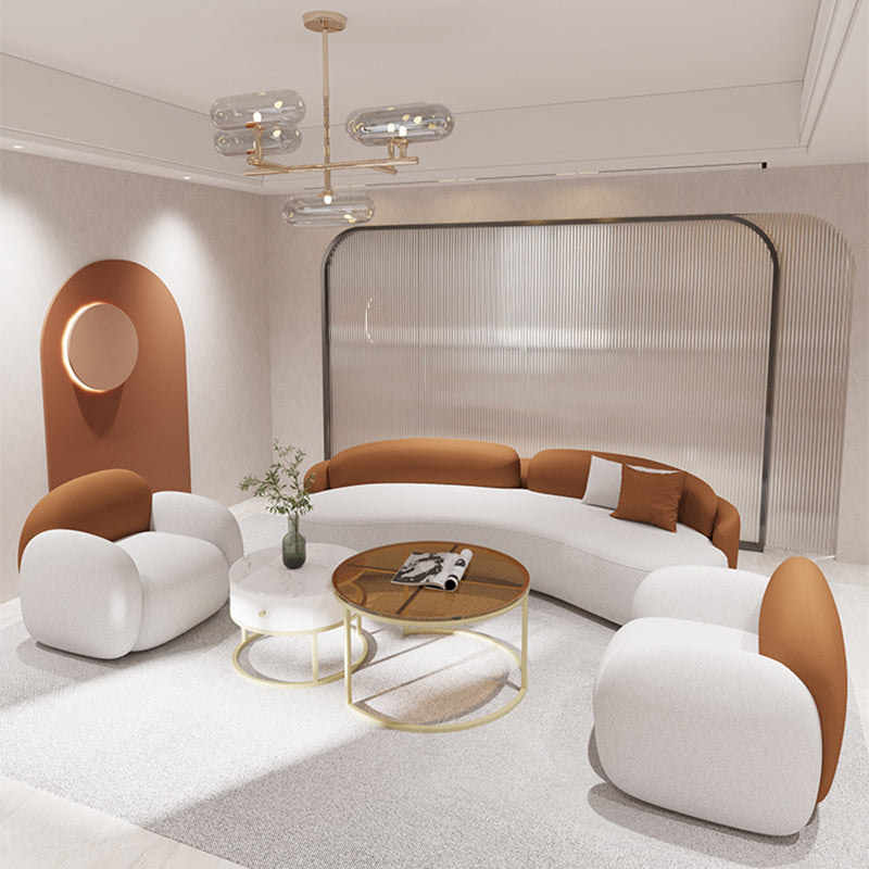 Curved Cushions Sofa Contemporary Faux Leather Seating in White and Orange