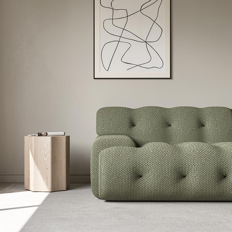 Recessed Arm Sofa Sewn Pillow Back Stationary Green Sofa for Bonus Room