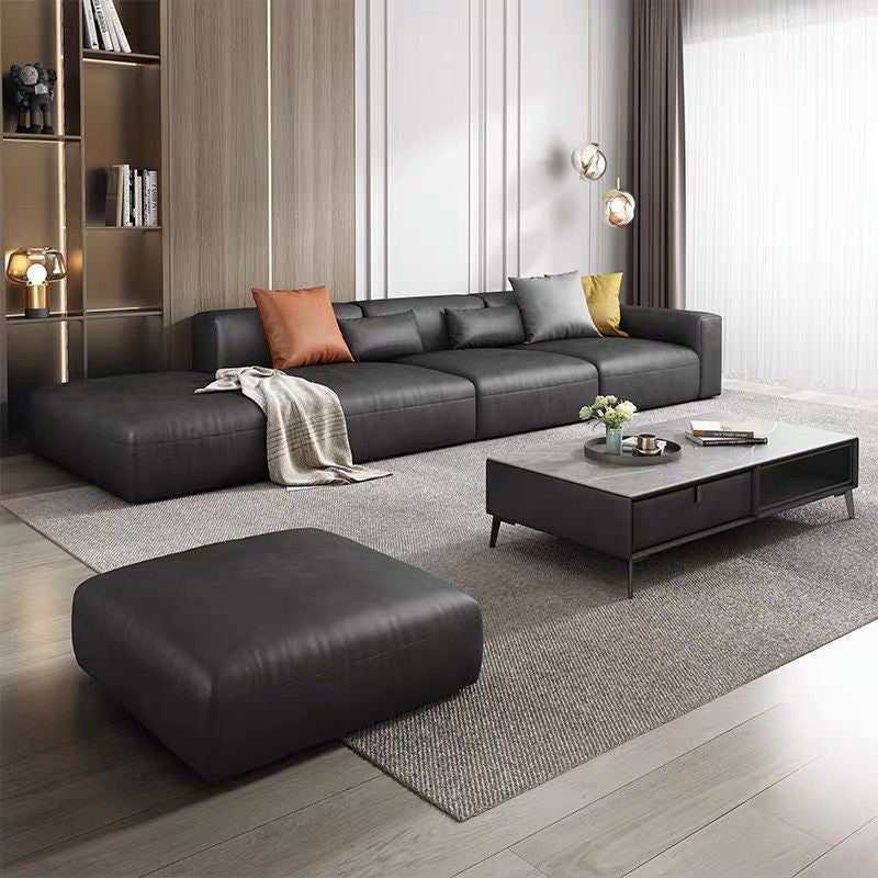 Contemporary Black Leather Sofa Tight Back Settee for Bonus Room