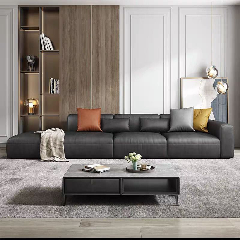Contemporary Black Leather Sofa Tight Back Settee for Bonus Room