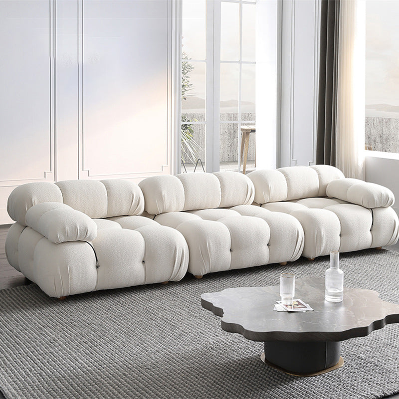 Contemporary Stationary Velvet Sofa Sewn Pillow Back White Settee