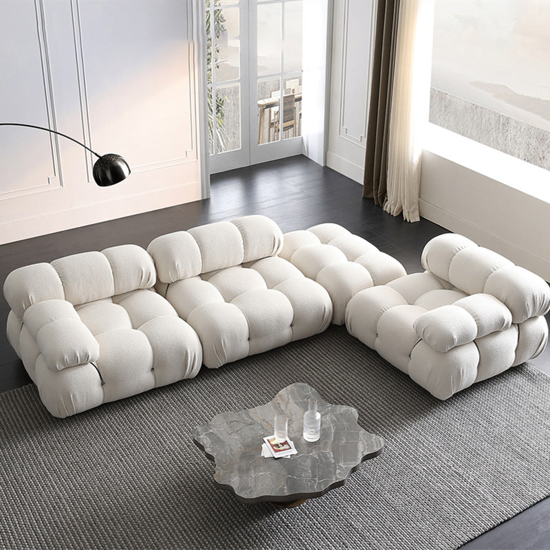Contemporary Stationary Velvet Sofa Sewn Pillow Back White Settee