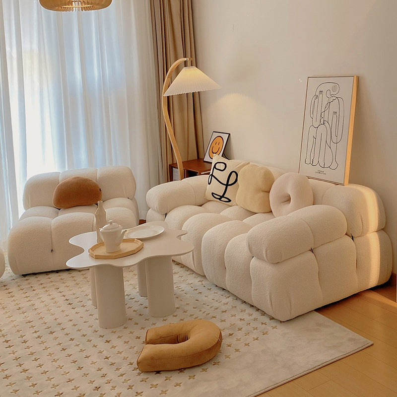 Contemporary Stationary Velvet Sofa Sewn Pillow Back White Settee