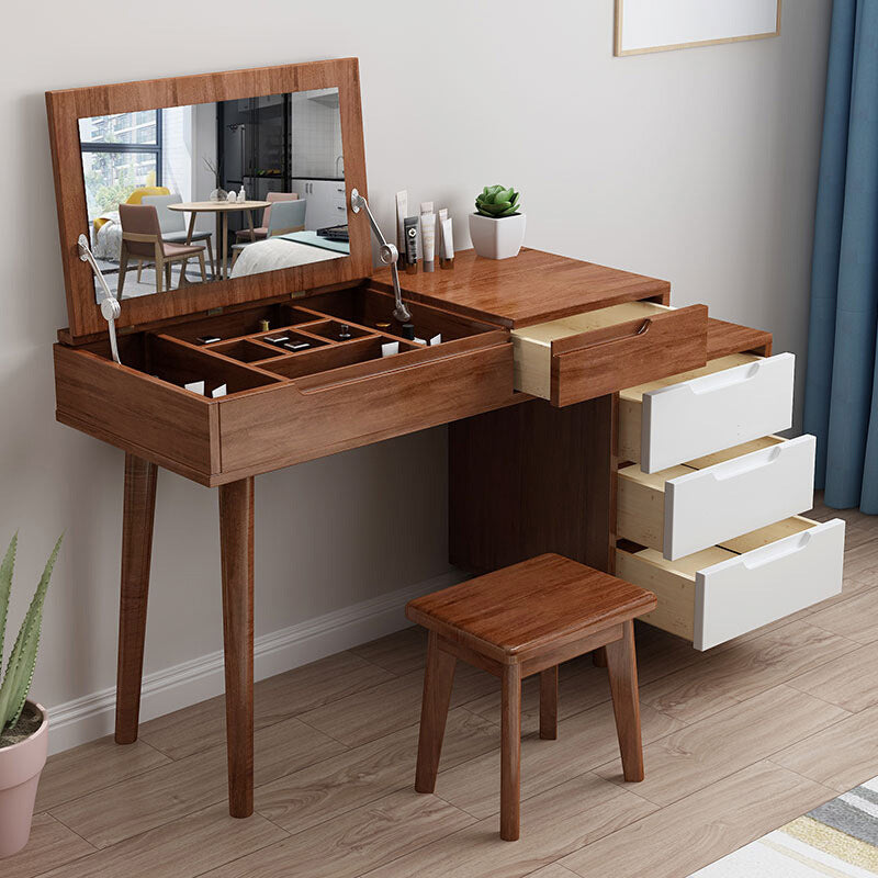 Bedroom Dressing Table Rubberwood Flip-Top Make-up Vanity with 4 Storage Drawers