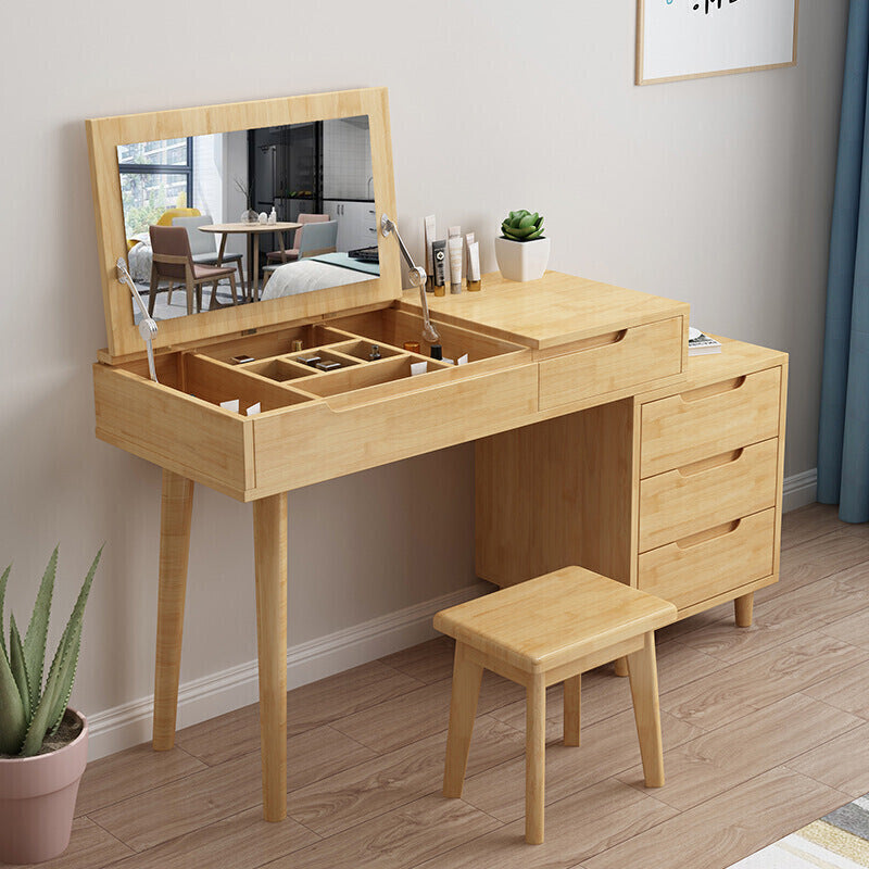 Bedroom Dressing Table Rubberwood Flip-Top Make-up Vanity with 4 Storage Drawers